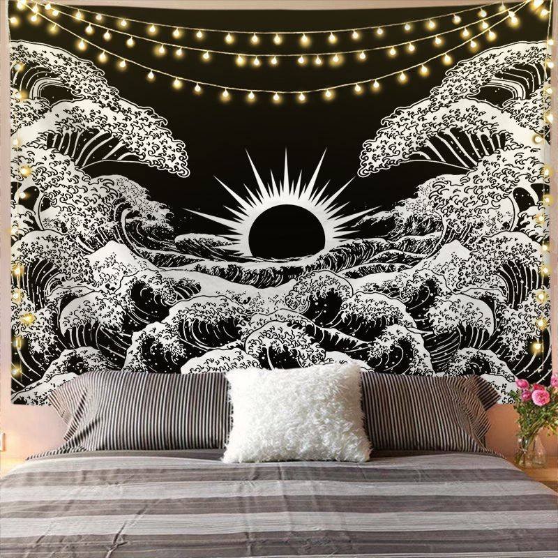 Enhance your bedroom with this Mandala Tapestry featuring a black and white sun and moon design. Perfect wall hanging for a cozy, bohemian vibe.