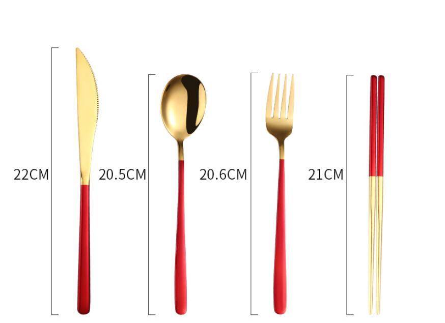 304 Dinnerware Set with Gold Knife, Fork, Spoon, and Portable Cutlery Set. Elegant, durable, and perfect for any occasion or outdoor dining.