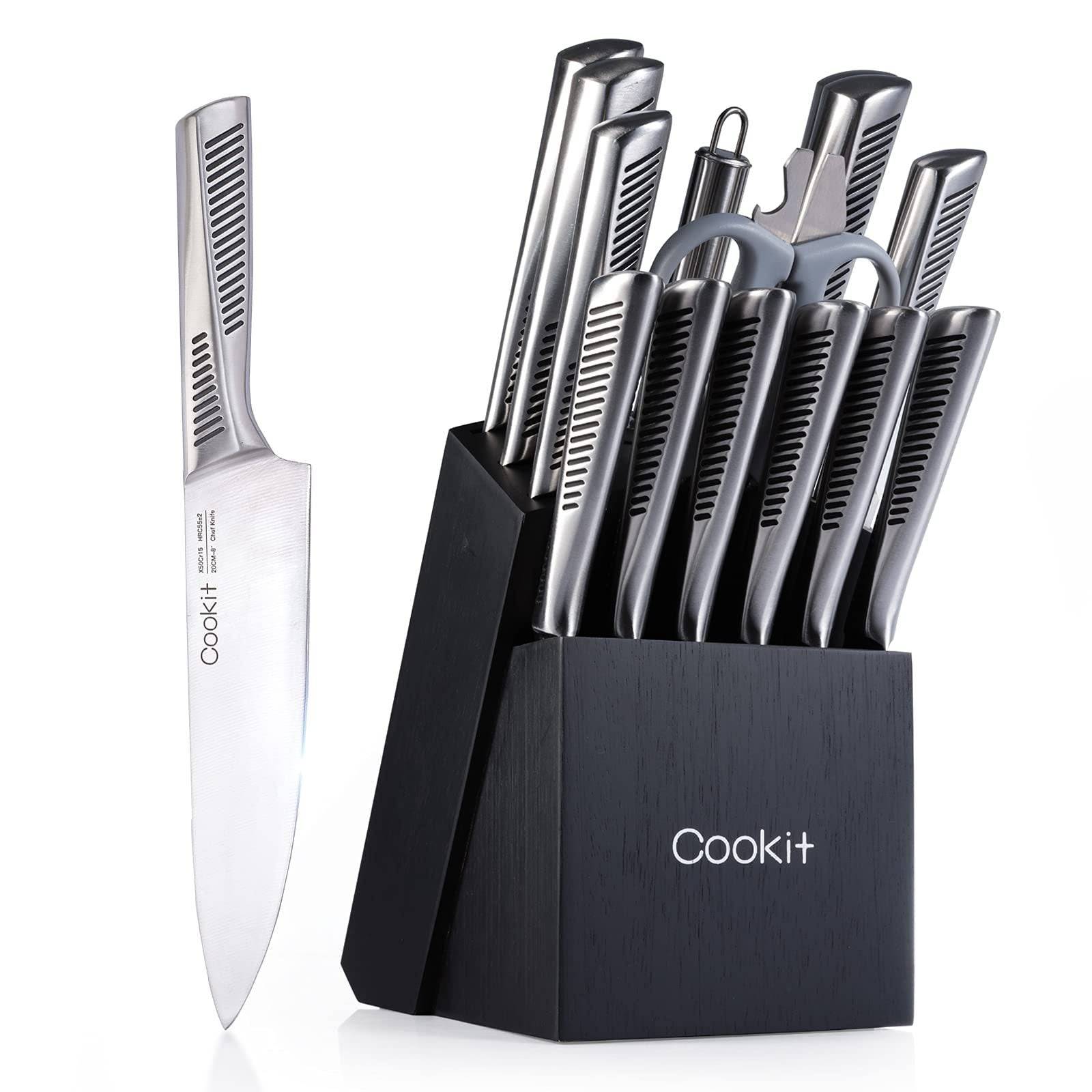 Get the 15-Piece Kitchen Knife Set with Block, featuring Non-Slip German Stainless Steel Handles. Includes multifunctional scissors and knife sharpener.