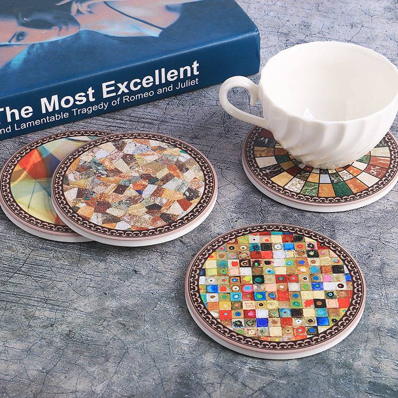 Add a touch of boho charm with cork-insulated ceramic coasters, perfect for protecting surfaces and enhancing your home decor style.