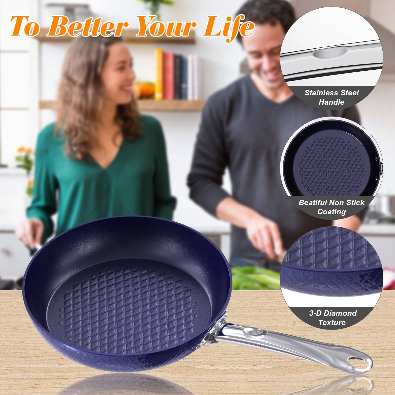 Shop the 3-Piece Non-Stick Frying Pan Set in Blue 3D Diamond design. Durable cookware for effortless cooking and easy cleaning. Perfect for any kitchen.