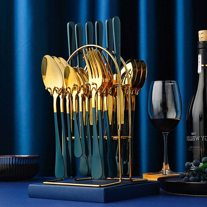 Enhance your dining with Gold Stainless Steel Dinnerware Set with Storage Rack. Elegant, durable, and space-saving for stylish table settings.