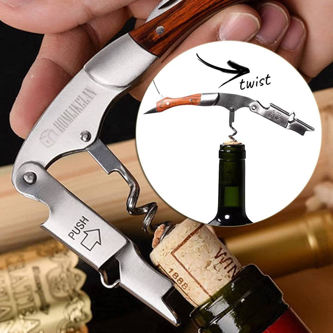 "Wood Handle Professional Wine Opener Corkscrew, a sleek kitchen tool for easy wine opening. Durable and stylish for every wine lover's collection.