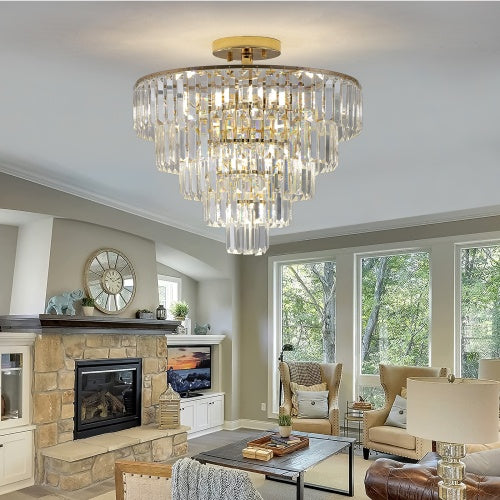 Elevate your space with aGolden Crystal Chandelier, 5-Layer Luxury Round Ceiling Lamp, it's adds modern elegance to living rooms, dining areas & more.