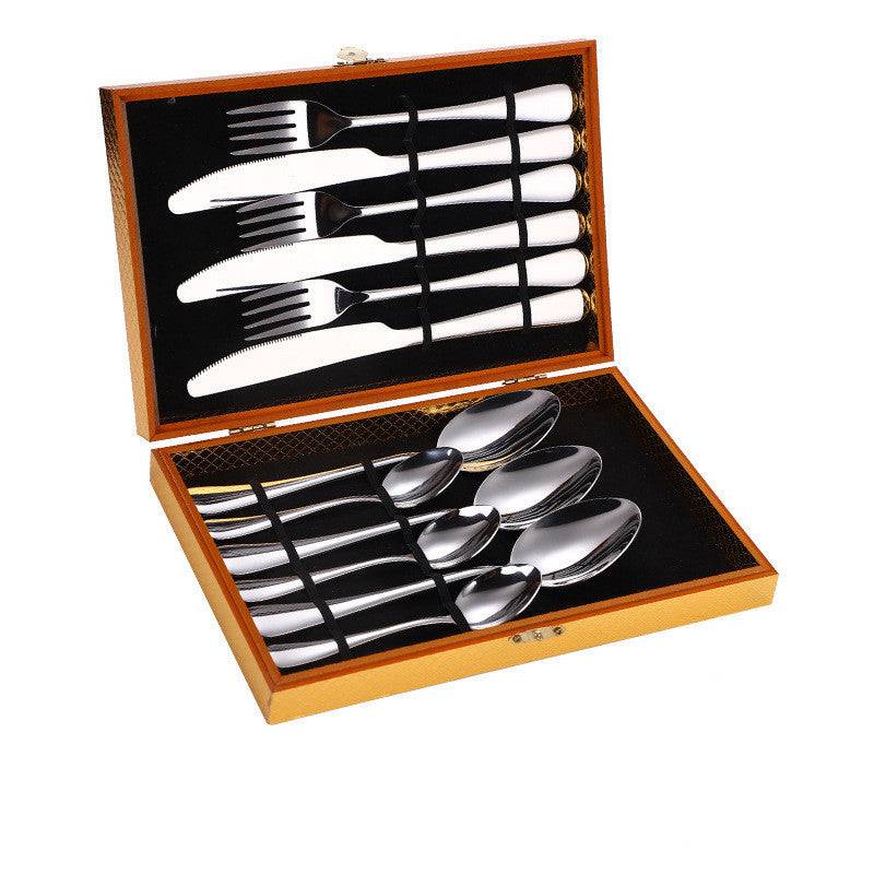 Shop the Stainless Steel Steak Cutlery Set with Wooden Gift Box, perfect for elegant dining and a great gift. Durable, stylish, and functional!