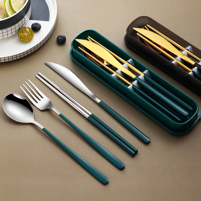 304 Dinnerware Set with Gold Knife, Fork, Spoon, and Portable Cutlery Set. Elegant, durable, and perfect for any occasion or outdoor dining.